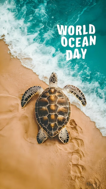 Celebrating World Oceans Day Majestic Sea Turtle Basking on Golden Shore Amidst Turquoise Waves