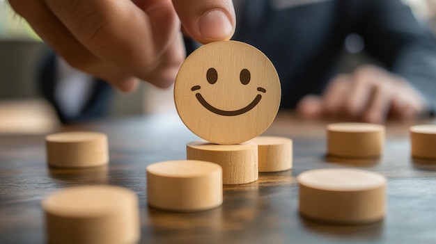 Celebrating World Smile Day with a cheerful wooden smiley face in a business setting