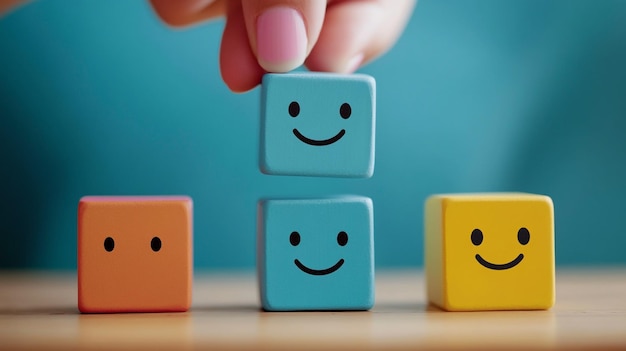 Photo celebrating world smile day with colorful blocks featuring happy faces in a playful arrangement