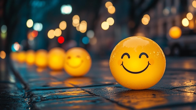 Photo celebrating world smile day with glowing smiley face decorations on a rainy city street