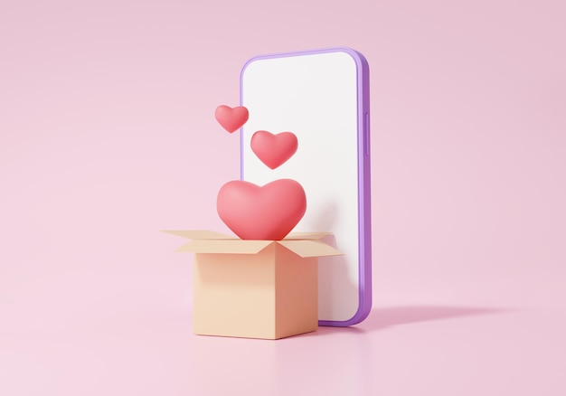 Celebration anniversary concept brown surprise gift box and parcel floating heart with smartphone on pink background minimal cartoon cute smooth 3d render illustration