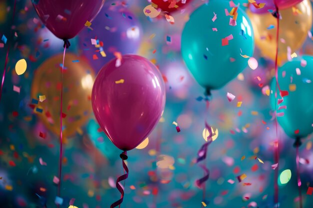 Celebration background with confetti and balloons background image with blue and gold colored balloons floating with ribbons hanging and confetti AI generated