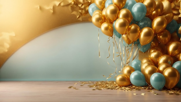 Celebration background with confetti and gold balloons