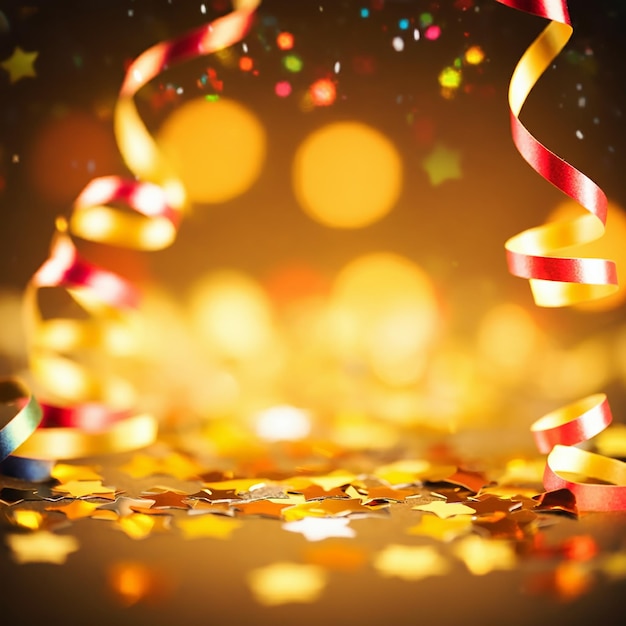 Celebration background with golden confetti stars and party streamers Christmas birthday concept