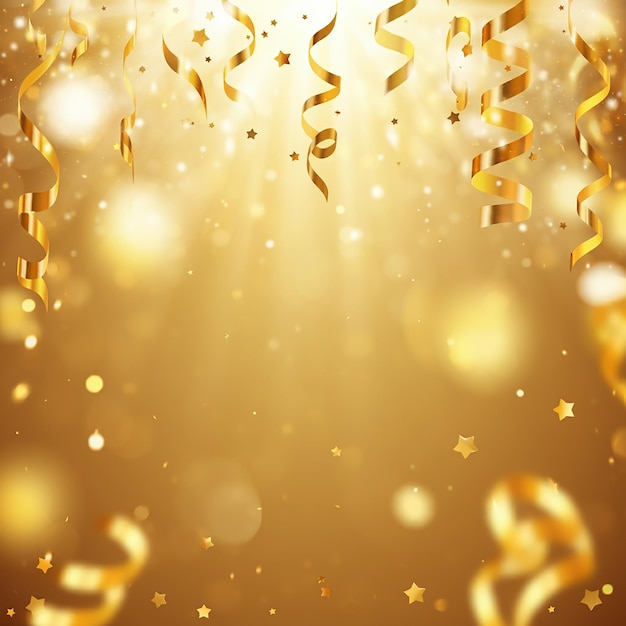 Celebration background with golden confetti stars and party streamers Christmas birthday concept