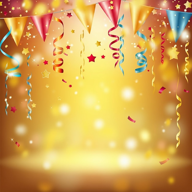 Celebration background with golden confetti stars and party streamers Christmas birthday concept