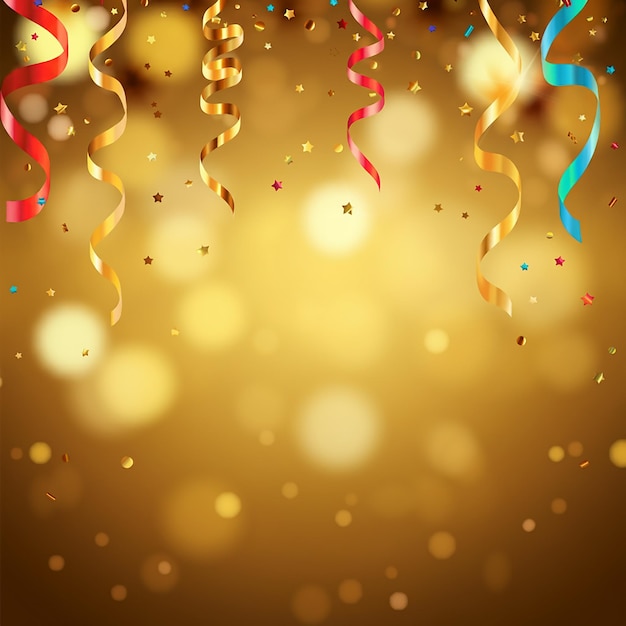 Celebration background with golden confetti stars and party streamers Christmas birthday concept