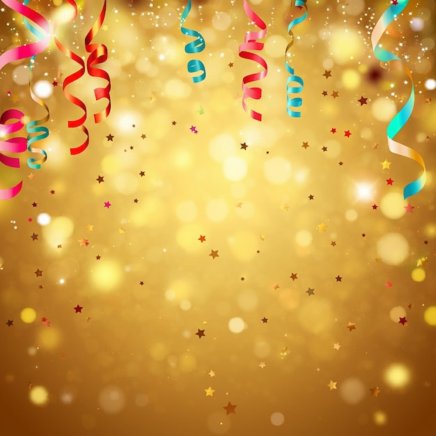 Celebration background with golden confetti stars and party streamers Christmas birthday concept