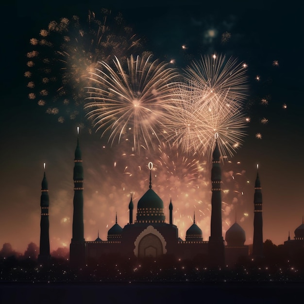 Celebration background with a mosque and fireworks in the night sky Eid celebration concept