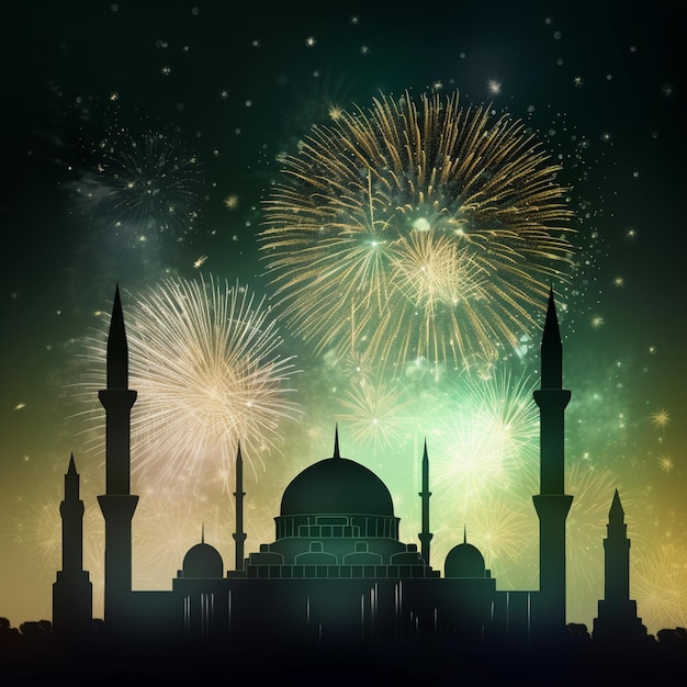 Celebration background with a mosque and fireworks in the night sky Eid celebration concept