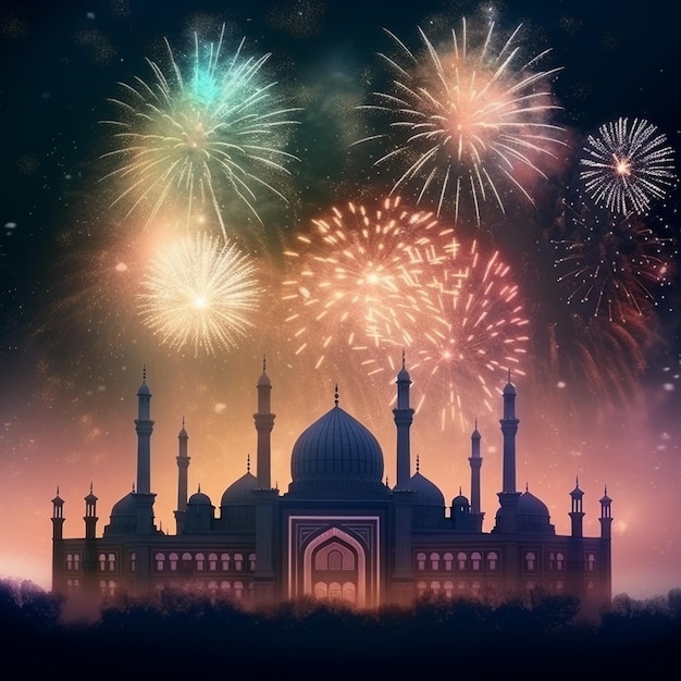 Celebration background with a mosque and fireworks in the night sky Eid celebration concept