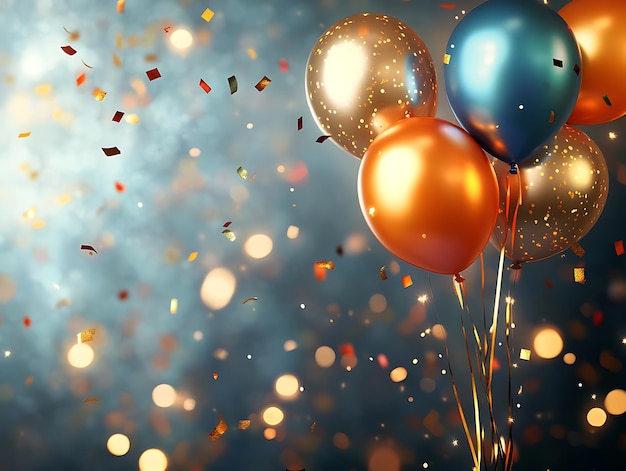 Celebration balloons in vibrant colors floating in midair with glowing bokeh lights and confetti creating a festive and joyful atmosphere on a soft blurred background