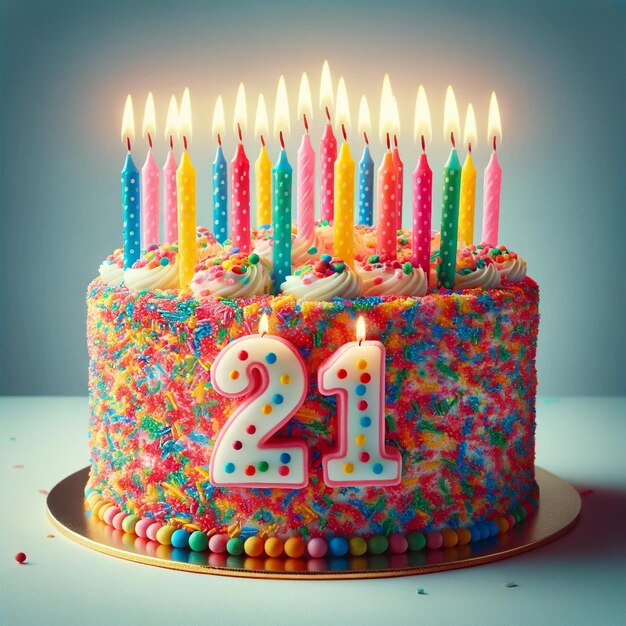 A celebration birthday cake adorned with vibrant multicolored sprinkles and twentyone brightly lit