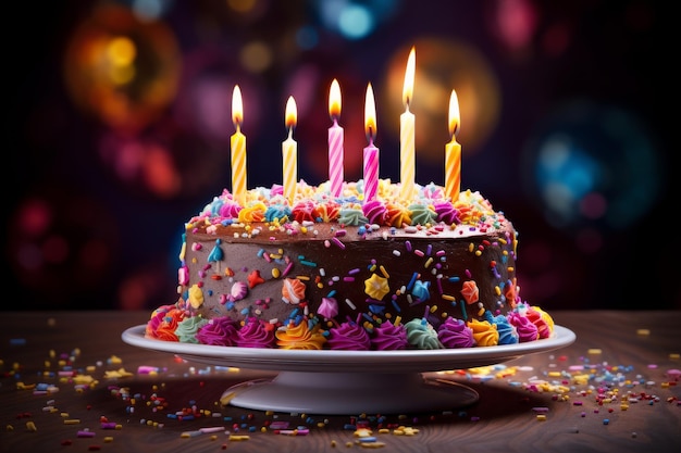 Celebration Cake with Lit Candles and Vibrant Frosting on a Festive Background Generative AI