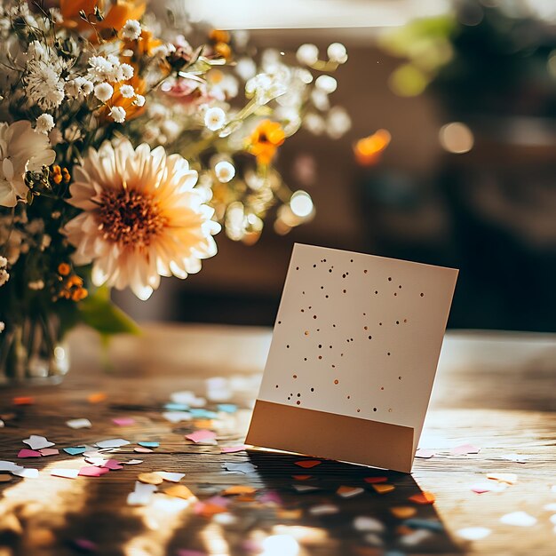 Celebration Card with Flowers and Confetti on Table