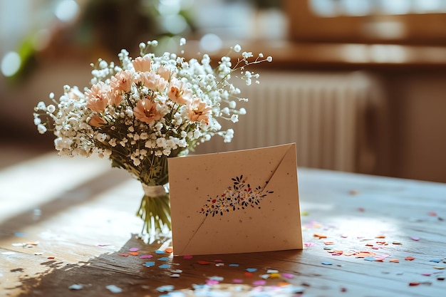 Celebration Card with Flowers and Confetti on Table