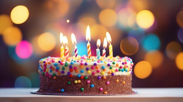 Celebration Concept Bright Lights Bokeh on Birthday Cake with Candles AI Generated