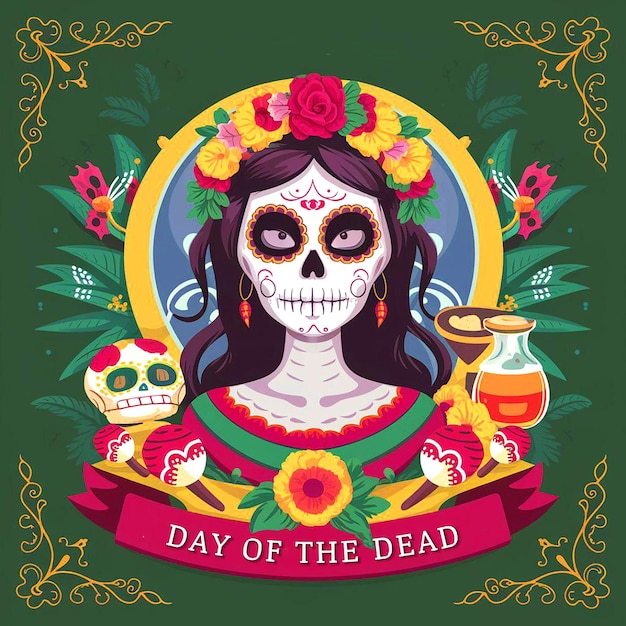 celebration of day of the dead and floral skull