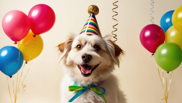 Celebration Dog with Colorful Balloons