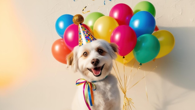 Photo celebration dog with colorful balloons