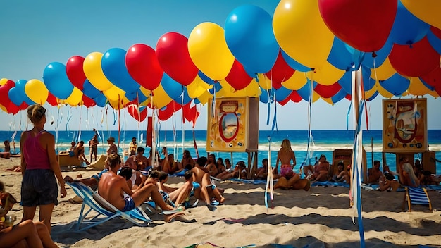 Celebration of Ferragosto in Italian Crowded beach multi colored Balloons