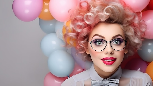 Celebration festive and lifestyle concept portrait of a happy and smiling woman with balloons