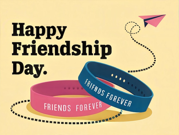 Photo celebration of friendship day with intertwined wristbands and paper plane