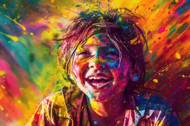 Celebration of Holi festival day colorful illustration of a child covered in paint illustrationGenerated with AI