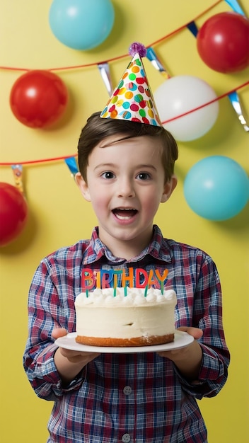 Celebration and holidays concept surprised birthday boy in party hat holding bday cake and looking