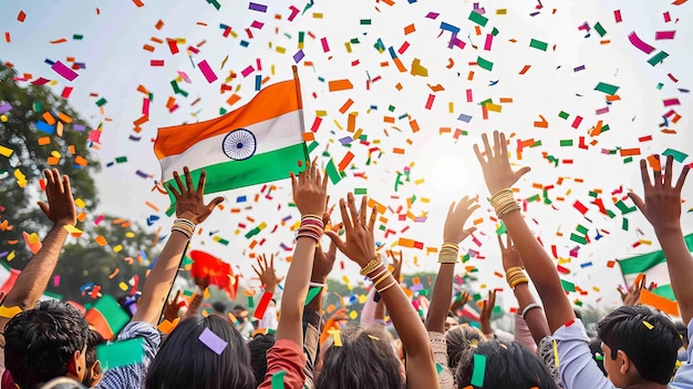 Photo celebration of indian independence with confetti and national flag