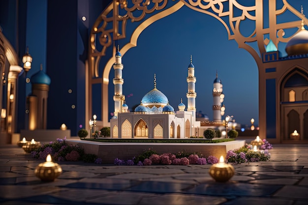 Celebration of islamic eid mubarak and eid al adha simple mosque miniature 3d rendering