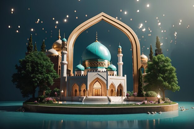 Celebration of islamic eid mubarak and eid al adha simple mosque miniature 3d rendering