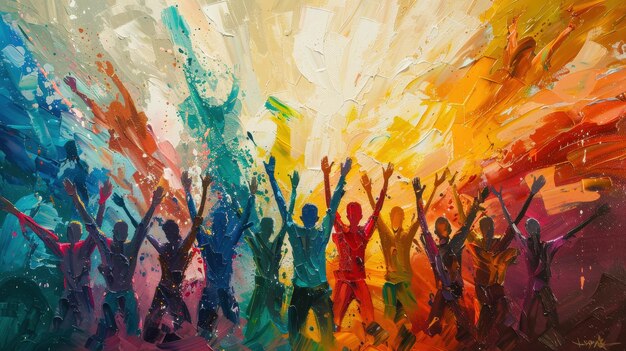 Celebration of joy and unity with vibrant colors and raised hands in a lively atmosphere during a su