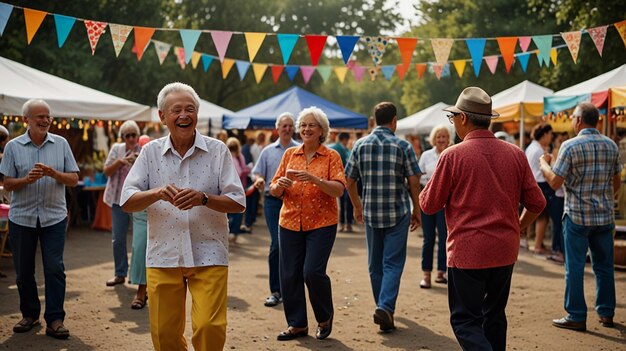 Photo celebration of life outdoor community event with seniors dancing and socializing