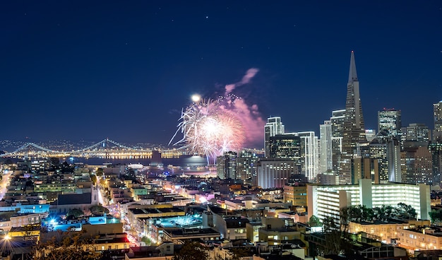 Celebration New Year in San Francisco. Skyline Downtown Cityscape