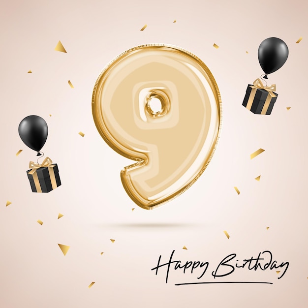 Celebration of a nine years anniversary. Birthday number 9 black balloon. Birthday poster