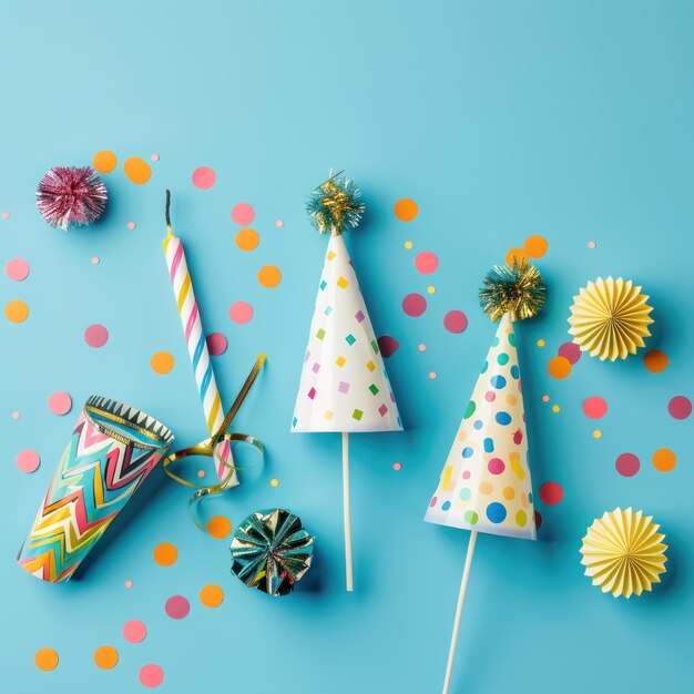 Photo celebration photo birthday party with party horns colorful confetti ice cream candles cocktail umbrellas on a bright blue background