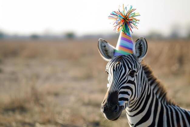 Photo celebration in the savannah zebra with party hat