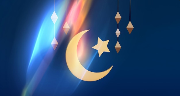 Celebration star and moon card for ramadan kareem on blue background d rendering