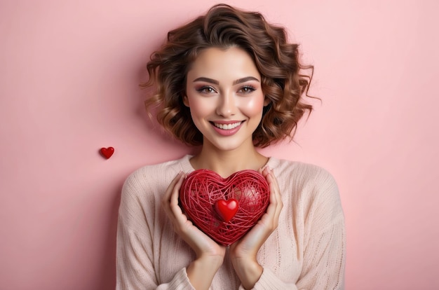 celebration for Valentines Day with beautiful young woman holds a red heart in her hands