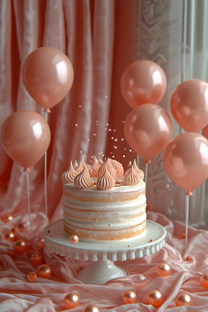 a celebration with balloons and cake on a pink background