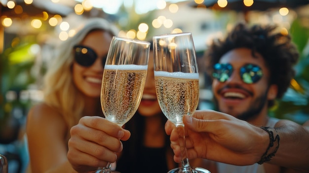 Photo celebration with friends toasting champagne glasses