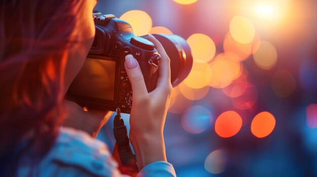 Photo celebration of world photo day a woman enthusiastically uses her camera photograph urban landscapes