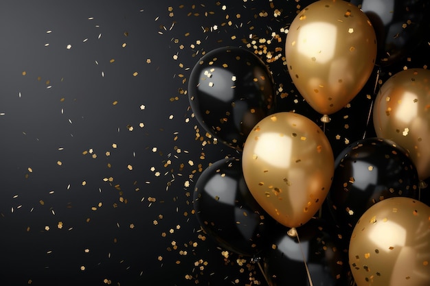 Celebrations background with black and golden balloons serpentine confetti sparkles