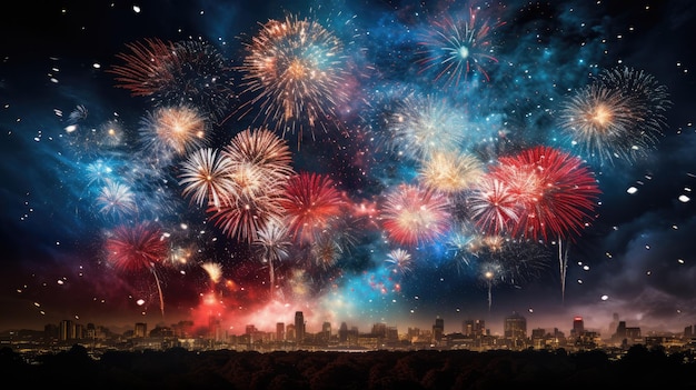 a celebratory atmosphere with colorful fireworks illuminating the night sky