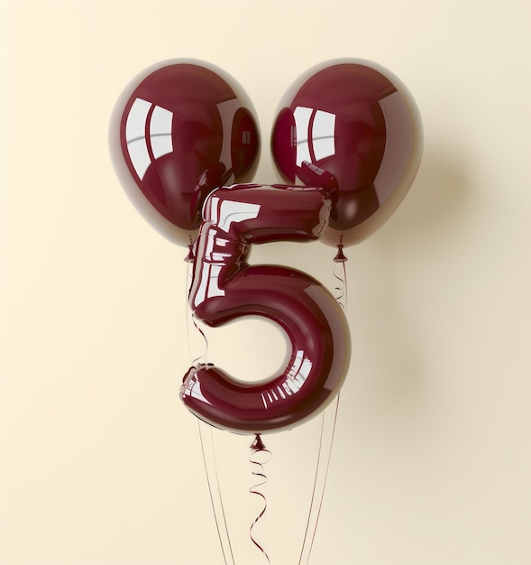 Celebratory balloon number 5 surrounded by elegant cream and burgundy balloons for birthday or anniversary