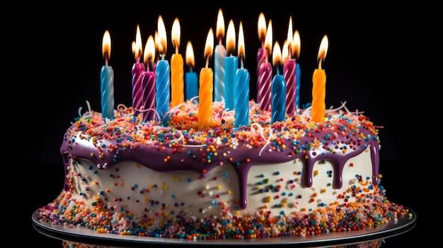 Celebratory Birthday Cake with Colorful Candles and Vibrant Sprinkles Generative AI