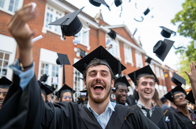 Celebratory Cap Toss by Graduating Students in Front of Campus Building Embracing the Future