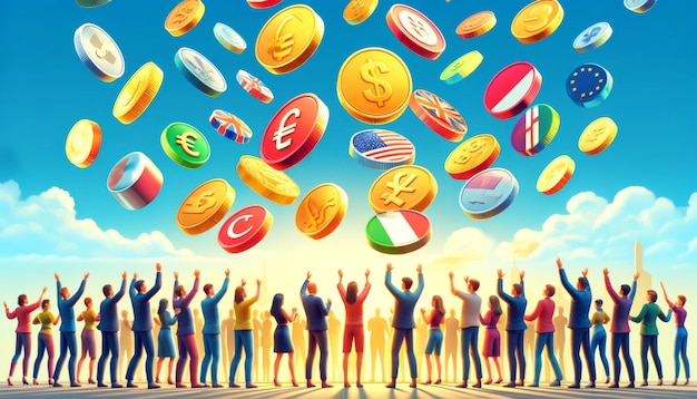 Celebratory Crowd with Floating International Currency Coins