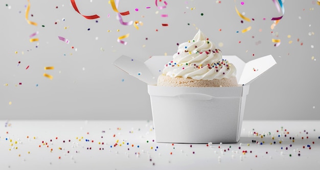 Celebratory Cupcake with Whipped Cream and Sprinkles in a White Takeout Box Amid Falling Confetti